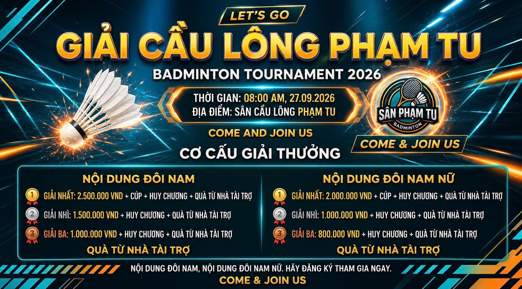 Poster giải đấu GIải cầu lông Phạm Tu